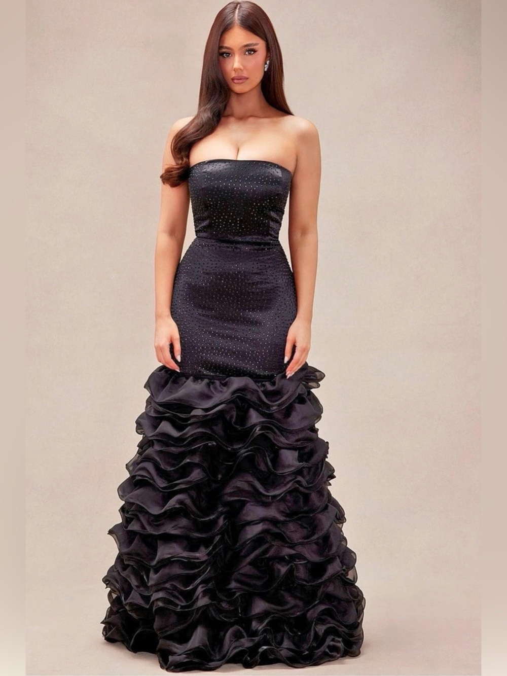 Black Embellished Satin Gown Strapless Rhinestone Tiered Ruffle 1X